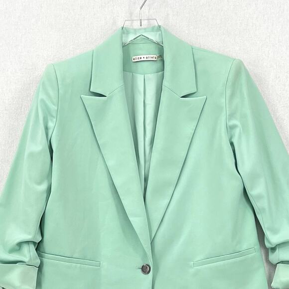 ALICE AND OLIVIA Denny Notch Collar Roll Cuff Blazer Womens Small Mint Green - Picture 7 of 16